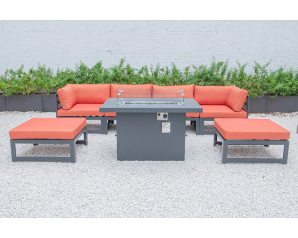 LeisureMod Chelsea 7-Piece Patio Ottoman Sectional and Fire Pit Table Black Aluminum with Cushions - Orange