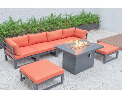 LeisureMod Chelsea 7-Piece Patio Ottoman Sectional and Fire Pit Table Black Aluminum with Cushions - Orange