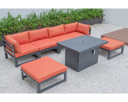 LeisureMod Chelsea 7-Piece Patio Ottoman Sectional and Fire Pit Table Black Aluminum with Cushions - Orange