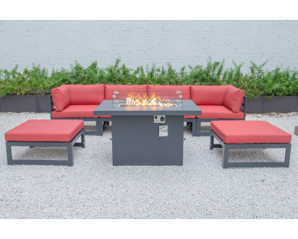 LeisureMod Chelsea 7-Piece Patio Ottoman Sectional and Fire Pit Table Black Aluminum with Cushions