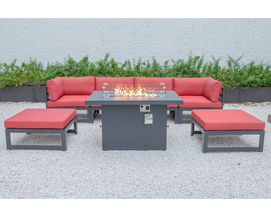 LeisureMod Chelsea 7-Piece Patio Ottoman Sectional and Fire Pit Table Black Aluminum with Cushions - Red