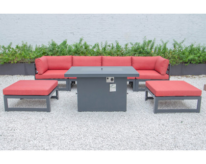 LeisureMod Chelsea 7-Piece Patio Ottoman Sectional and Fire Pit Table Black Aluminum with Cushions - Red