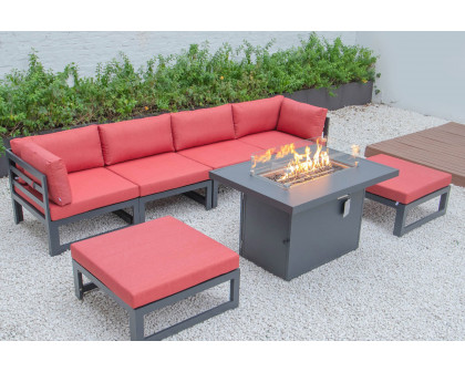 LeisureMod Chelsea 7-Piece Patio Ottoman Sectional and Fire Pit Table Black Aluminum with Cushions - Red