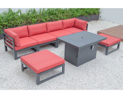 LeisureMod Chelsea 7-Piece Patio Ottoman Sectional and Fire Pit Table Black Aluminum with Cushions - Red