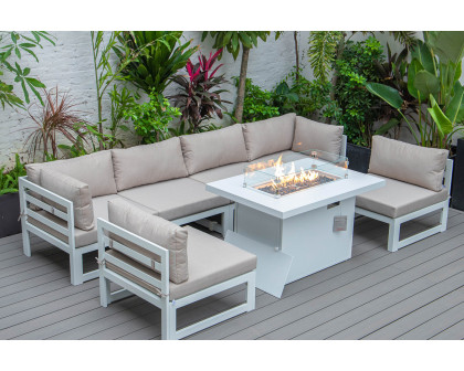 LeisureMod Chelsea 7-Piece Patio Sectional and Fire Pit Table Black Aluminum with Cushions