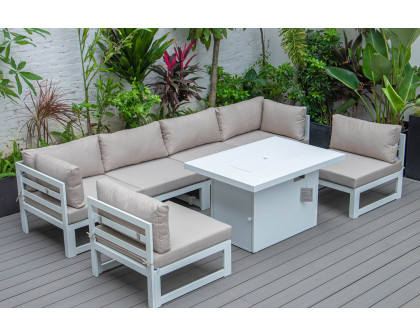 LeisureMod Chelsea 7-Piece Patio Sectional and Fire Pit Table In White Aluminum with Cushions - Beige