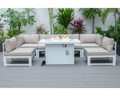 LeisureMod Chelsea 7-Piece Patio Sectional and Fire Pit Table In White Aluminum with Cushions - Beige