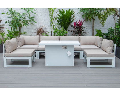 LeisureMod Chelsea 7-Piece Patio Sectional and Fire Pit Table In White Aluminum with Cushions - Beige