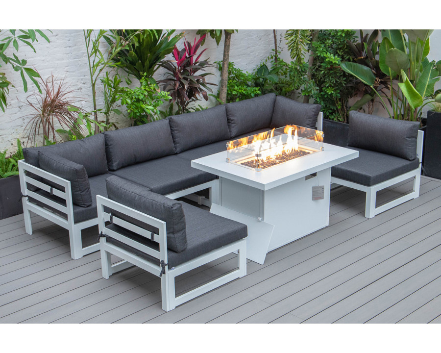 LeisureMod Chelsea 7-Piece Patio Sectional and Fire Pit Table In White Aluminum with Cushions - Black