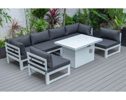 LeisureMod Chelsea 7-Piece Patio Sectional and Fire Pit Table In White Aluminum with Cushions - Black