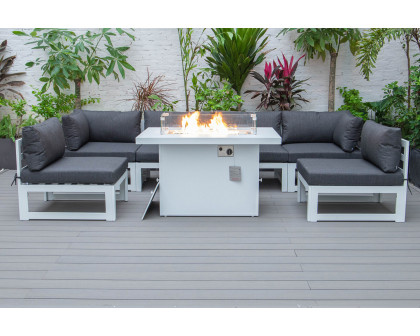 LeisureMod Chelsea 7-Piece Patio Sectional and Fire Pit Table In White Aluminum with Cushions - Black