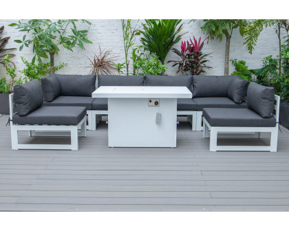 LeisureMod Chelsea 7-Piece Patio Sectional and Fire Pit Table In White Aluminum with Cushions - Black