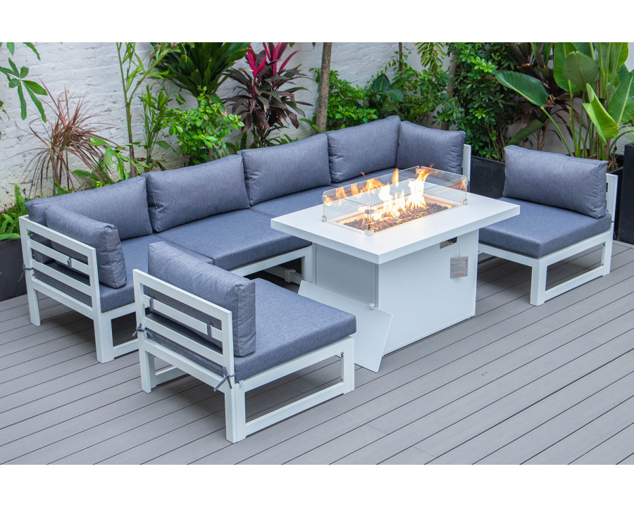 LeisureMod Chelsea 7-Piece Patio Sectional and Fire Pit Table In White Aluminum with Cushions - Blue