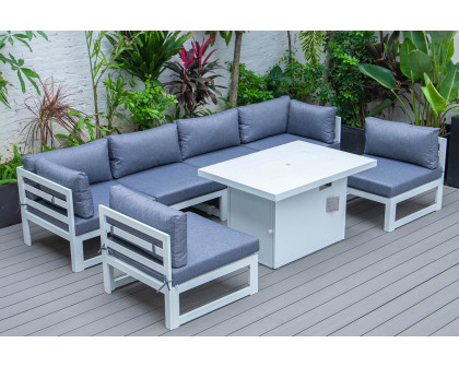 LeisureMod Chelsea 7-Piece Patio Sectional and Fire Pit Table In White Aluminum with Cushions - Blue