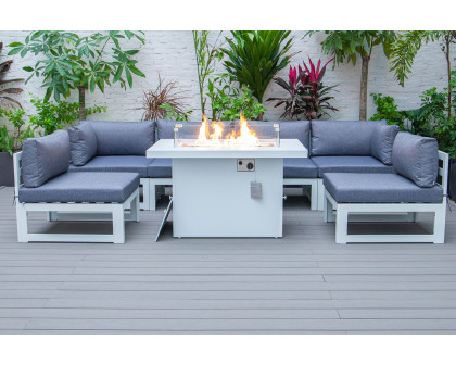 LeisureMod Chelsea 7-Piece Patio Sectional and Fire Pit Table In White Aluminum with Cushions - Blue