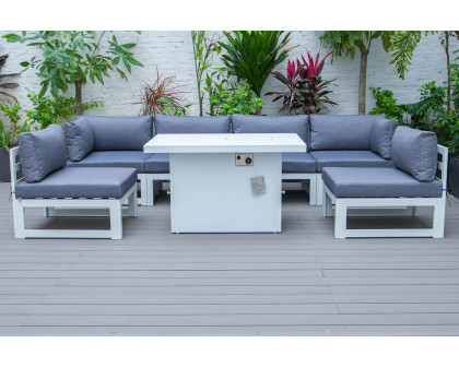 LeisureMod Chelsea 7-Piece Patio Sectional and Fire Pit Table In White Aluminum with Cushions - Blue