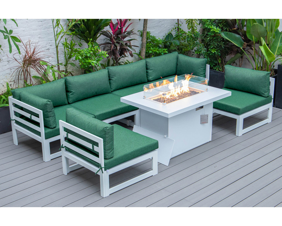 LeisureMod Chelsea 7-Piece Patio Sectional and Fire Pit Table In White Aluminum with Cushions - Green