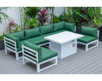 LeisureMod Chelsea 7-Piece Patio Sectional and Fire Pit Table In White Aluminum with Cushions - Green