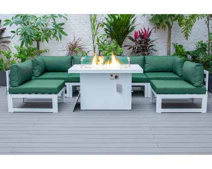 LeisureMod Chelsea 7-Piece Patio Sectional and Fire Pit Table In White Aluminum with Cushions - Green