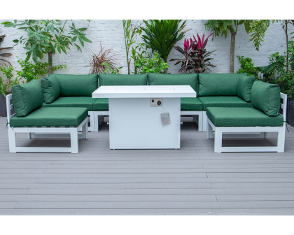 LeisureMod Chelsea 7-Piece Patio Sectional and Fire Pit Table In White Aluminum with Cushions - Green