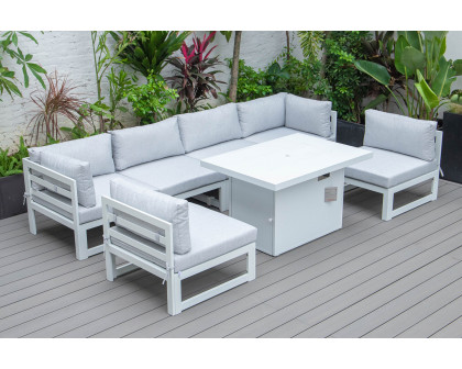 LeisureMod Chelsea 7-Piece Patio Sectional and Fire Pit Table In White Aluminum with Cushions - Light Gray