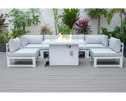 LeisureMod Chelsea 7-Piece Patio Sectional and Fire Pit Table In White Aluminum with Cushions - Light Gray