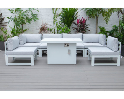 LeisureMod Chelsea 7-Piece Patio Sectional and Fire Pit Table In White Aluminum with Cushions - Light Gray