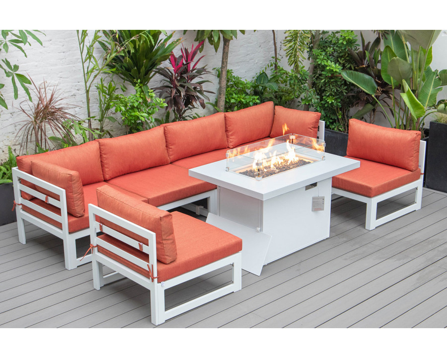 LeisureMod Chelsea 7-Piece Patio Sectional and Fire Pit Table In White Aluminum with Cushions - Orange