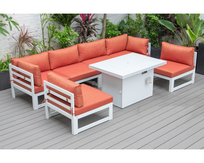 LeisureMod Chelsea 7-Piece Patio Sectional and Fire Pit Table In White Aluminum with Cushions - Orange