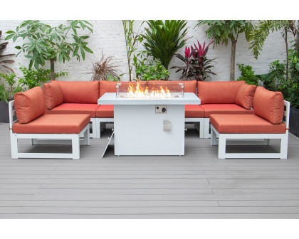 LeisureMod Chelsea 7-Piece Patio Sectional and Fire Pit Table In White Aluminum with Cushions - Orange