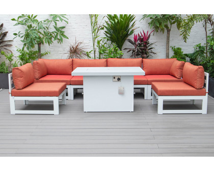 LeisureMod Chelsea 7-Piece Patio Sectional and Fire Pit Table In White Aluminum with Cushions - Orange