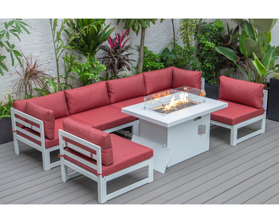 LeisureMod Chelsea 7-Piece Patio Sectional and Fire Pit Table In White Aluminum with Cushions - Red