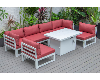 LeisureMod Chelsea 7-Piece Patio Sectional and Fire Pit Table In White Aluminum with Cushions - Red