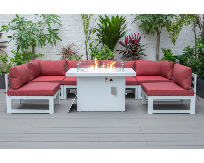 LeisureMod Chelsea 7-Piece Patio Sectional and Fire Pit Table In White Aluminum with Cushions - Red