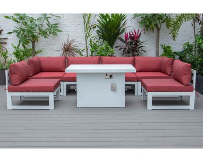 LeisureMod Chelsea 7-Piece Patio Sectional and Fire Pit Table In White Aluminum with Cushions - Red