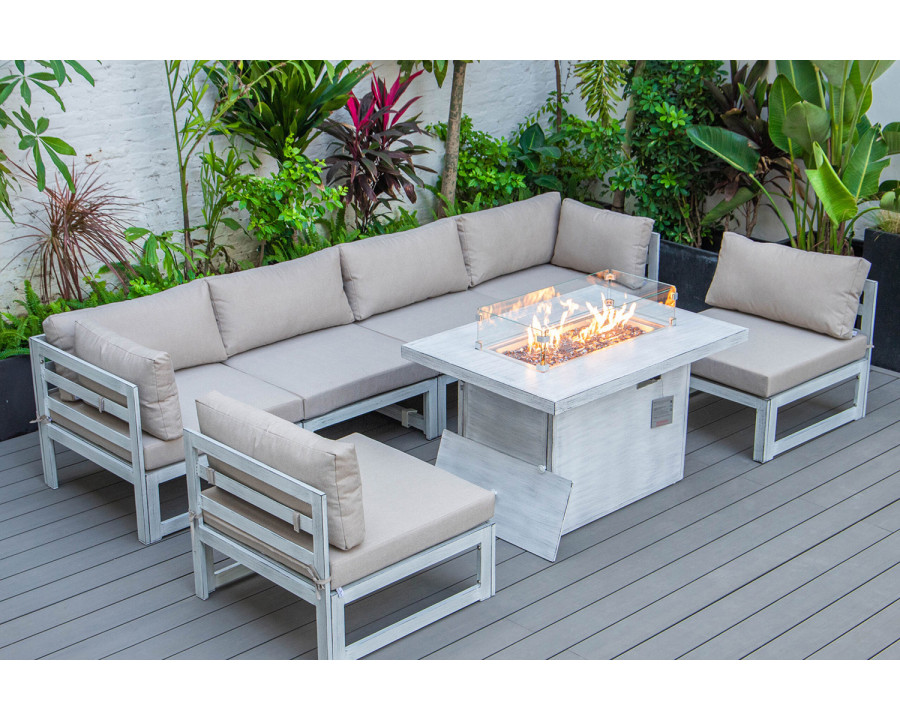 LeisureMod Chelsea 7-Piece Patio Sectional and Fire Pit Table In Weathered Gray Aluminum with Cushions - Beige