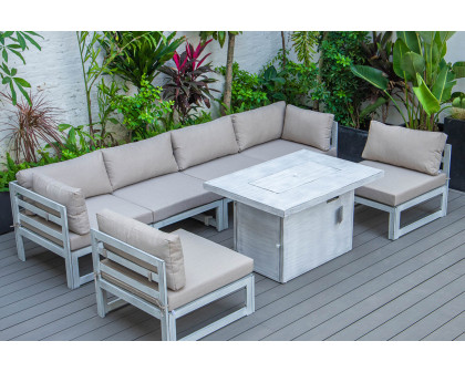 LeisureMod Chelsea 7-Piece Patio Sectional and Fire Pit Table In Weathered Gray Aluminum with Cushions - Beige