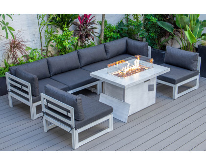 LeisureMod Chelsea 7-Piece Patio Sectional and Fire Pit Table Black Aluminum with Cushions