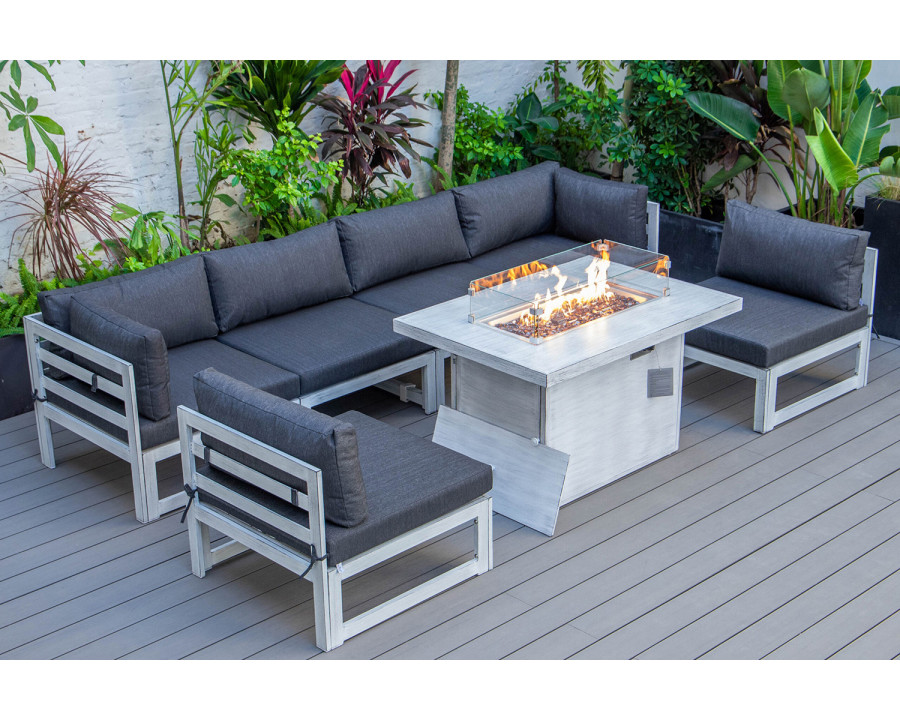 LeisureMod Chelsea 7-Piece Patio Sectional and Fire Pit Table In Weathered Gray Aluminum with Cushions - Black