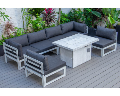 LeisureMod Chelsea 7-Piece Patio Sectional and Fire Pit Table In Weathered Gray Aluminum with Cushions - Black