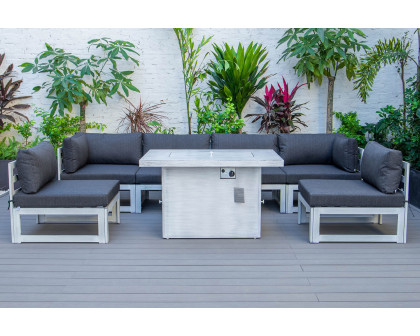 LeisureMod Chelsea 7-Piece Patio Sectional and Fire Pit Table In Weathered Gray Aluminum with Cushions - Black