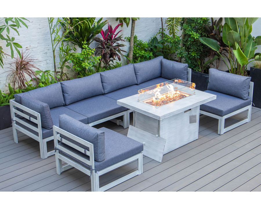 LeisureMod Chelsea 7-Piece Patio Sectional and Fire Pit Table In Weathered Gray Aluminum with Cushions - Blue