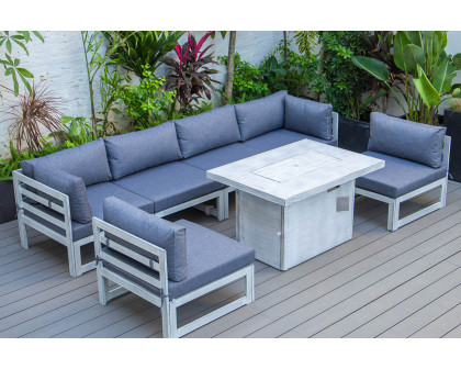 LeisureMod Chelsea 7-Piece Patio Sectional and Fire Pit Table In Weathered Gray Aluminum with Cushions - Blue