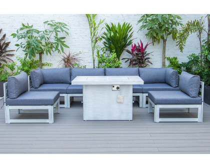 LeisureMod Chelsea 7-Piece Patio Sectional and Fire Pit Table In Weathered Gray Aluminum with Cushions - Blue