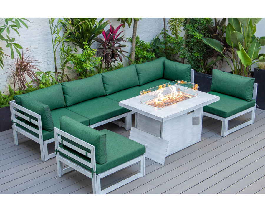 LeisureMod Chelsea 7-Piece Patio Sectional and Fire Pit Table In Weathered Gray Aluminum with Cushions - Green