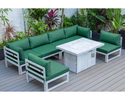 LeisureMod Chelsea 7-Piece Patio Sectional and Fire Pit Table In Weathered Gray Aluminum with Cushions - Green