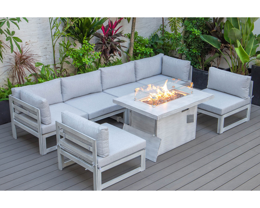 LeisureMod Chelsea 7-Piece Patio Sectional and Fire Pit Table In Weathered Gray Aluminum with Cushions - Light Gray