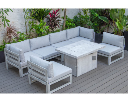 LeisureMod Chelsea 7-Piece Patio Sectional and Fire Pit Table In Weathered Gray Aluminum with Cushions - Light Gray