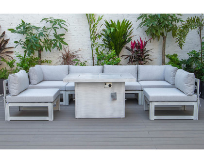 LeisureMod Chelsea 7-Piece Patio Sectional and Fire Pit Table In Weathered Gray Aluminum with Cushions - Light Gray