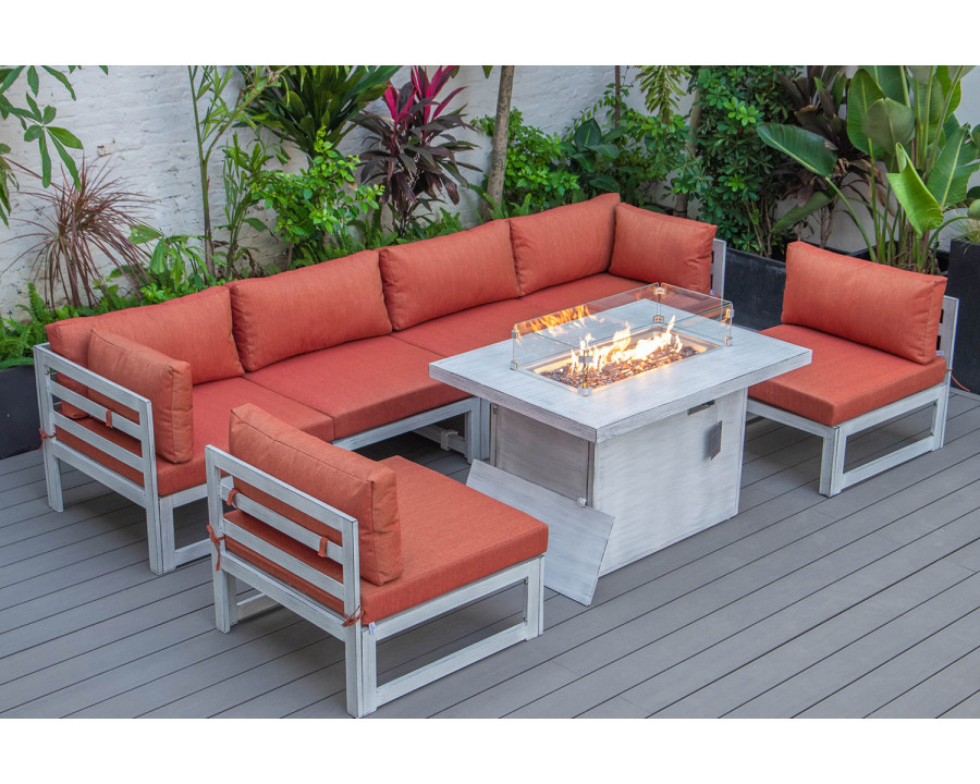 LeisureMod Chelsea 7-Piece Patio Sectional and Fire Pit Table In Weathered Gray Aluminum with Cushions - Orange